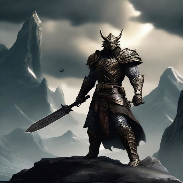 A Dragonborn warrior wielding a bronze greatsword, standing in a heroic pose