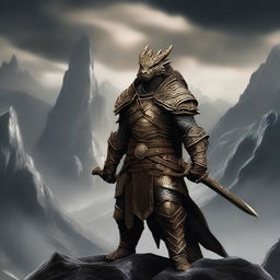 A Dragonborn warrior wielding a bronze greatsword, standing in a heroic pose