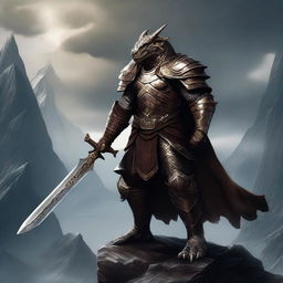 A Dragonborn warrior wielding a bronze greatsword, standing in a heroic pose