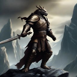 A Dragonborn warrior wielding a bronze greatsword, standing in a heroic pose