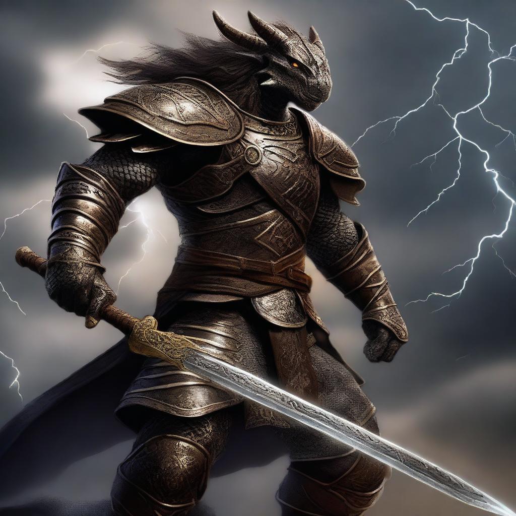 A fierce bronze Dragonborn warrior wielding a two-handed sword, standing in a battle-ready stance