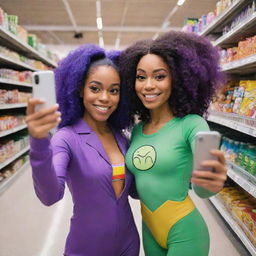 Starfire and Raven from Teen Titans Go, wearing cute pajamas, in a bustling supermarket aisle. They are taking a selfie with an iPhone 15 Pro. The phone's camera captures every detail in high definition.