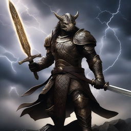 A fierce bronze Dragonborn warrior wielding a two-handed sword, standing in a battle-ready stance