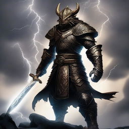 A fierce bronze Dragonborn warrior wielding a two-handed sword, standing in a battle-ready stance