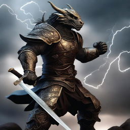 A fierce bronze Dragonborn warrior wielding a two-handed sword, standing in a battle-ready stance