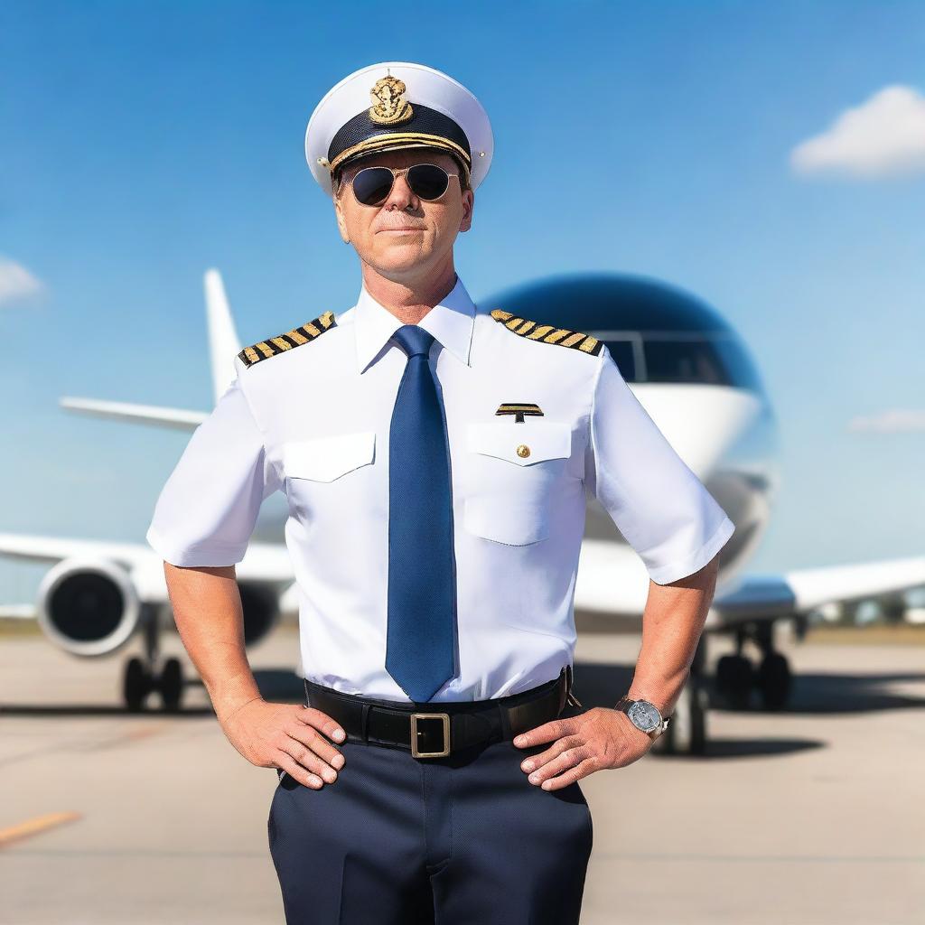 A professional airline pilot standing confidently in front of a modern passenger airplane on a clear day