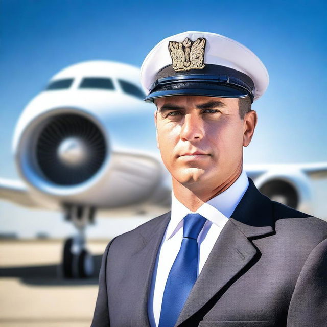 A professional airline pilot standing confidently in front of a modern passenger airplane on a clear day