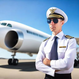 A professional airline pilot standing confidently in front of a modern passenger airplane on a clear day