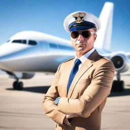 A professional airline pilot standing confidently in front of a modern passenger airplane on a clear day