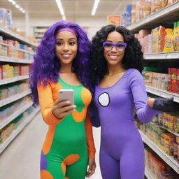 Starfire and Raven from Teen Titans Go, wearing cute pajamas, in a bustling supermarket aisle. They are taking a selfie with an iPhone 15 Pro. The phone's camera captures every detail in high definition.