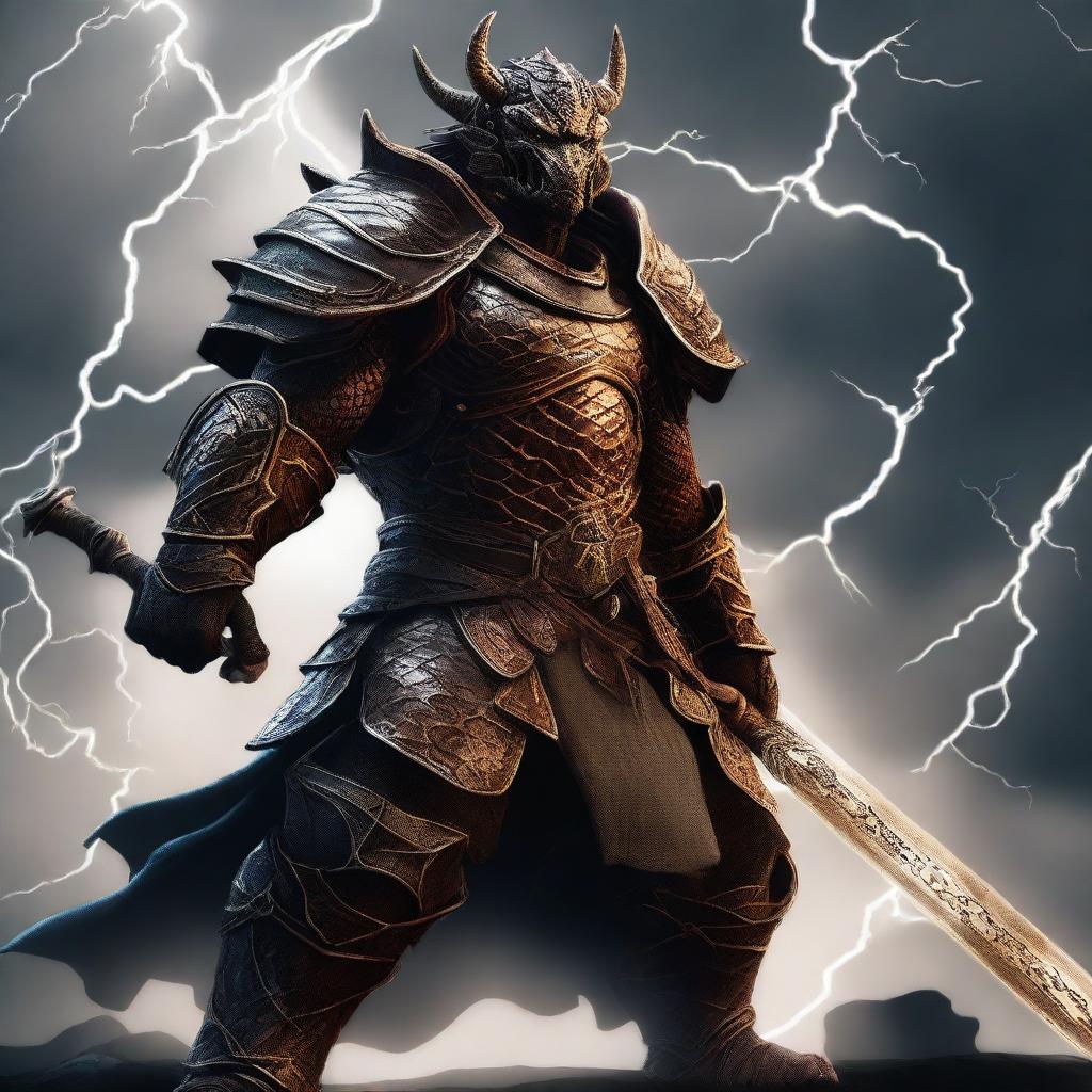 A fierce copper Dragonborn warrior wielding a two-handed greatsword, standing in a battle-ready stance