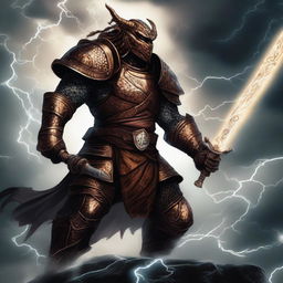 A fierce copper Dragonborn warrior wielding a two-handed greatsword, standing in a battle-ready stance