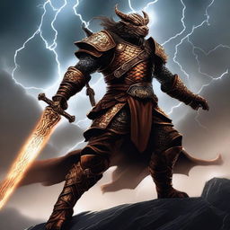 A fierce copper Dragonborn warrior wielding a two-handed greatsword, standing in a battle-ready stance