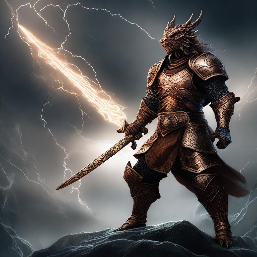 A fierce copper Dragonborn warrior wielding a two-handed greatsword, standing in a battle-ready stance