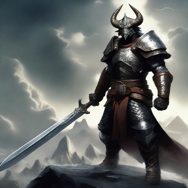 A battle master Dragonborn warrior wielding a massive two-handed greatsword