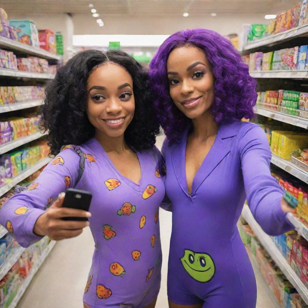 Starfire and Raven from Teen Titans Go, wearing cute pajamas, in a bustling supermarket aisle. They are taking a selfie with an iPhone 15 Pro. The phone's camera captures every detail in high definition.