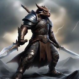 A battle master Dragonborn warrior wielding a massive two-handed greatsword