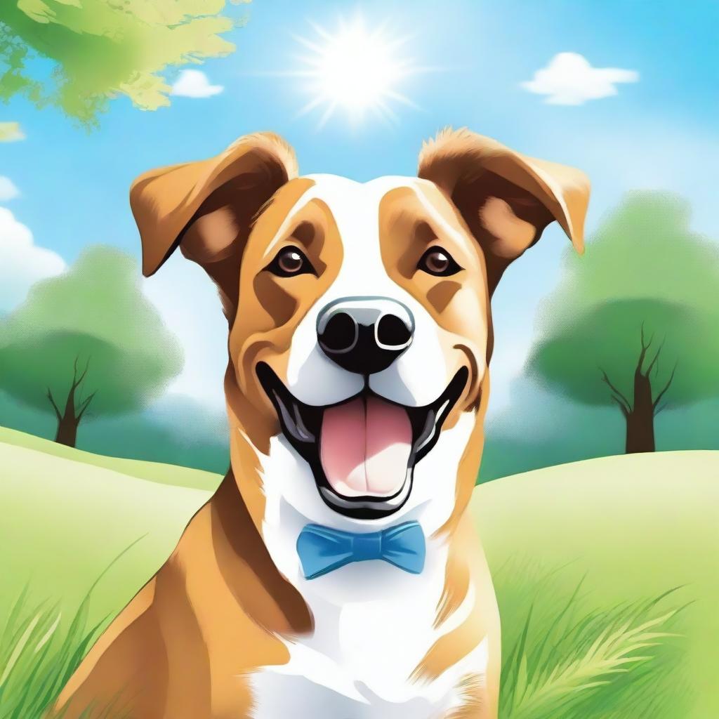 A detailed and realistic illustration of a happy dog sitting in a grassy park on a sunny day