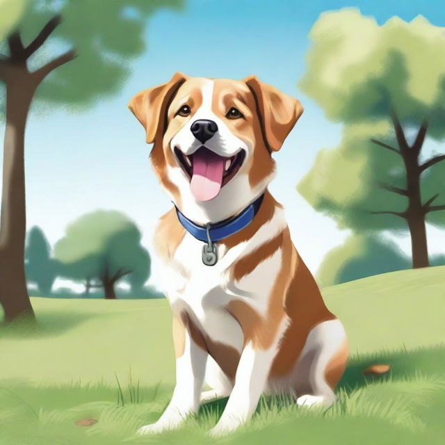 A detailed and realistic illustration of a happy dog sitting in a grassy park on a sunny day