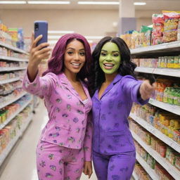 Starfire and Raven from Teen Titans Go, wearing cute pajamas, in a bustling supermarket aisle. They are taking a selfie with an iPhone 15 Pro. The phone's camera captures every detail in high definition.