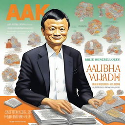 A comprehensive illustration showing Jack Ma's transformation from an English teacher to a commerce magnate with Alibaba