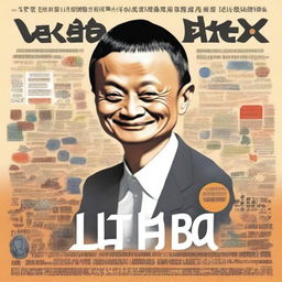 A comprehensive illustration showing Jack Ma's transformation from an English teacher to a commerce magnate with Alibaba