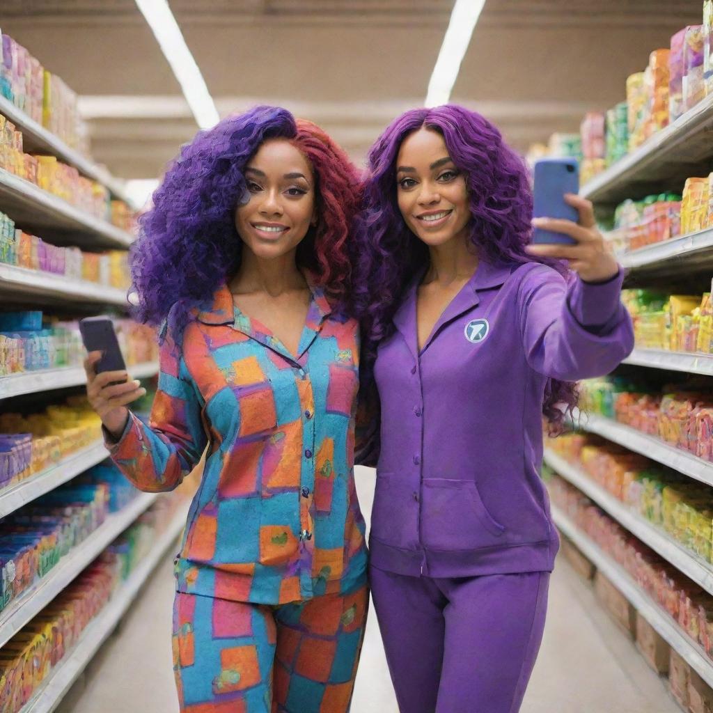 Starfire and Raven from Teen Titans, dressed in comfy pajamas, in a colorful supermarket aisle. They are clicking a captivating selfie with an iPhone 15 Pro, the camera capturing everything in detailed 0.5 mode.