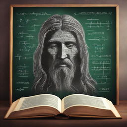 Create a mysterious fantasy-styled book cover featuring mathematical formulas on a university chalkboard