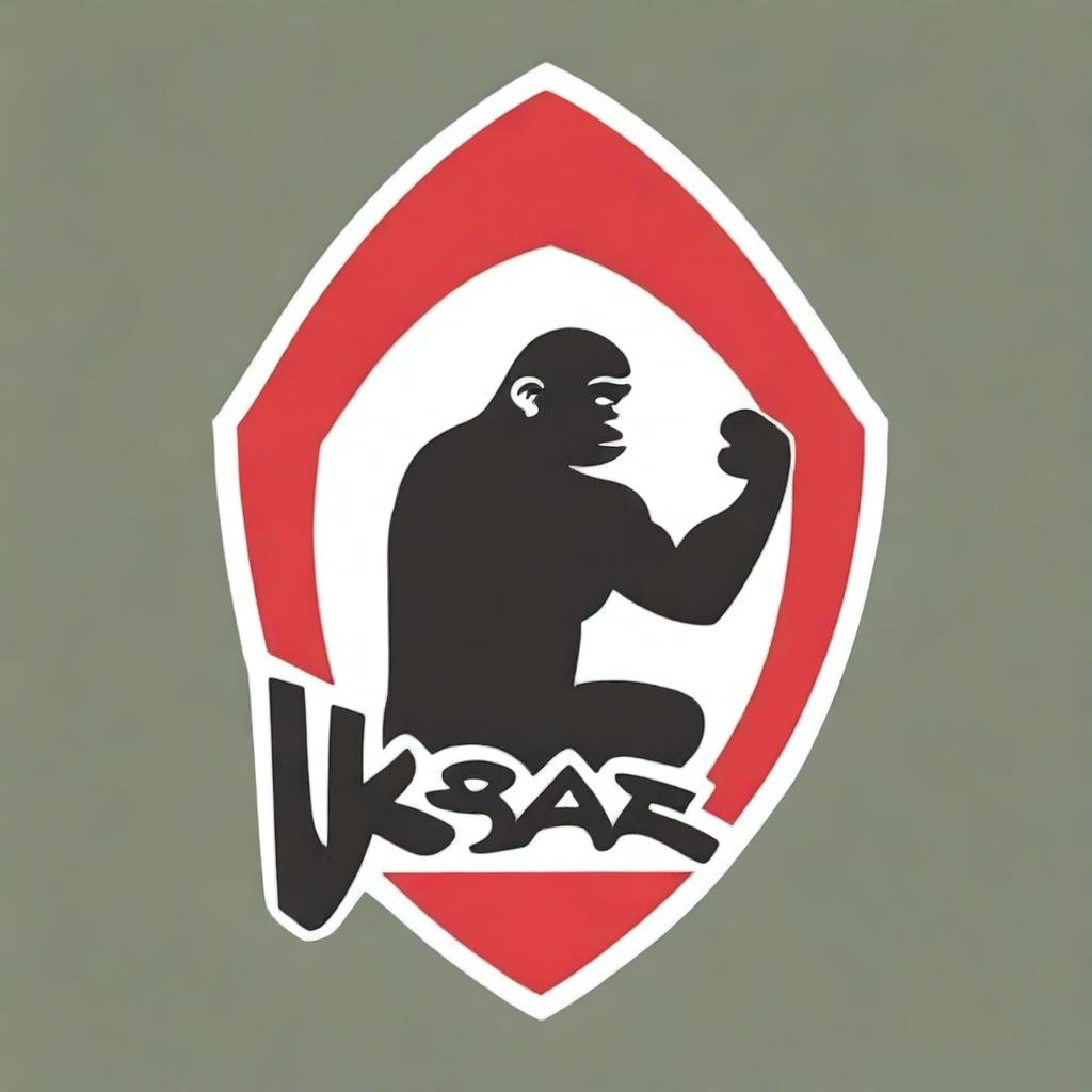 A shield-shaped logo with a red base color