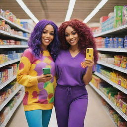 Starfire and Raven from Teen Titans, dressed in comfy pajamas, in a colorful supermarket aisle. They are clicking a captivating selfie with an iPhone 15 Pro, the camera capturing everything in detailed 0.5 mode.