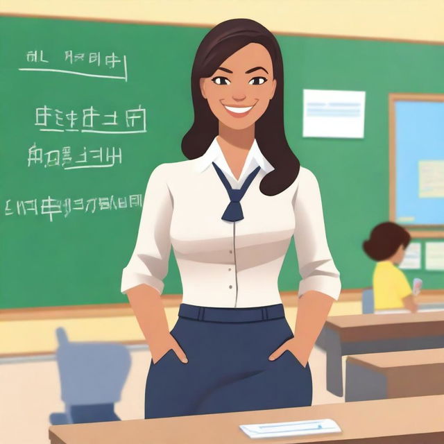 A teacher standing in a classroom, wearing a professional outfit but with a slight glimpse of their navel showing