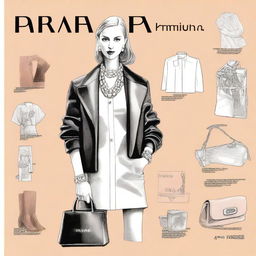 A detailed illustration showing Miuccia Prada's transformation of the luxury fashion industry through the brand Prada