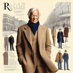 A detailed illustration showcasing Ralph Lauren's journey from a poor child to the pinnacle of the fashion world