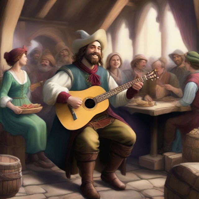 A human bard playing a lute in a medieval fantasy setting, surrounded by a lively crowd in a tavern