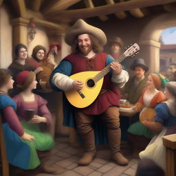 A human bard playing a lute in a medieval fantasy setting, surrounded by a lively crowd in a tavern