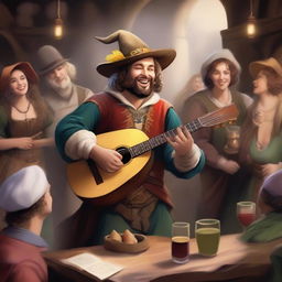 A human bard playing a lute in a medieval fantasy setting, surrounded by a lively crowd in a tavern