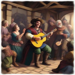 A human bard playing a lute in a medieval fantasy setting, surrounded by a lively crowd in a tavern