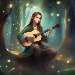 A young elf bard playing a lute in a mystical forest, surrounded by glowing fireflies and ancient trees