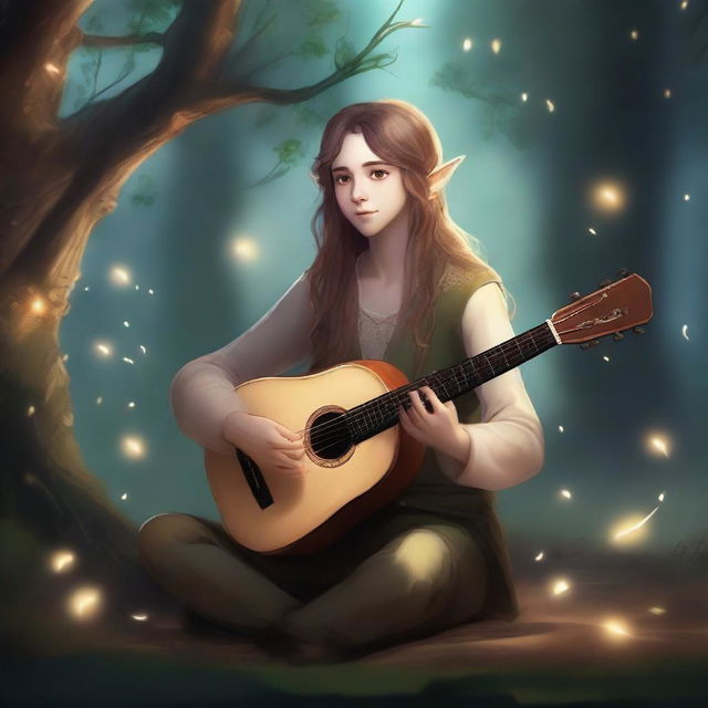 A young elf bard playing a lute in a mystical forest, surrounded by glowing fireflies and ancient trees