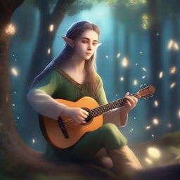 A young elf bard playing a lute in a mystical forest, surrounded by glowing fireflies and ancient trees