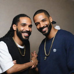 A friendly scene with the renowned musicians, Drake and Snoop Dogg, where Drake is playfully touching Snoop Dogg's shoulder. Both are smiling and look relaxed, displaying their camaraderie.