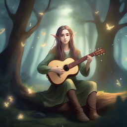 A young elf bard playing a lute in a mystical forest, surrounded by glowing fireflies and ancient trees