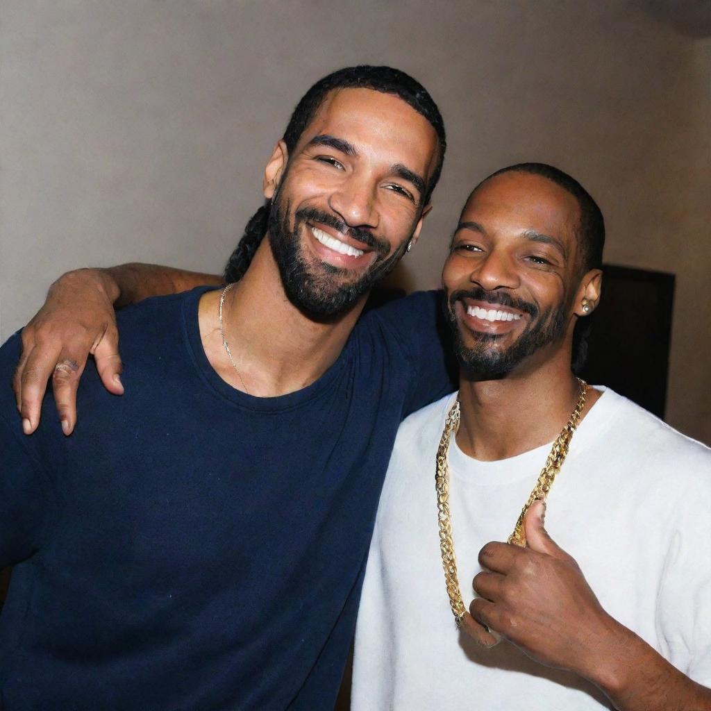 A friendly scene with the renowned musicians, Drake and Snoop Dogg, where Drake is playfully touching Snoop Dogg's shoulder. Both are smiling and look relaxed, displaying their camaraderie.