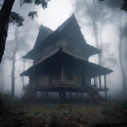 A haunted traditional stilt house (rumah panggung) in a dense, foggy forest