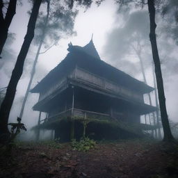 A haunted traditional stilt house (rumah panggung) in a dense, foggy forest