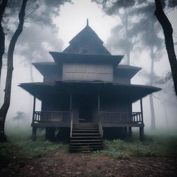 A haunted traditional stilt house (rumah panggung) in a dense, foggy forest