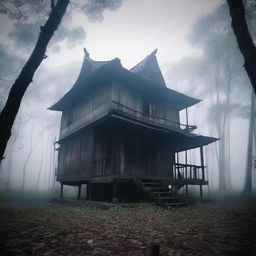 A haunted traditional stilt house (rumah panggung) in a dense, foggy forest