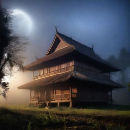 A haunted Acehnese house at night, surrounded by eerie mist and dimly lit by a full moon