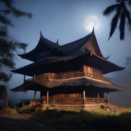 A haunted Acehnese house at night, surrounded by eerie mist and dimly lit by a full moon