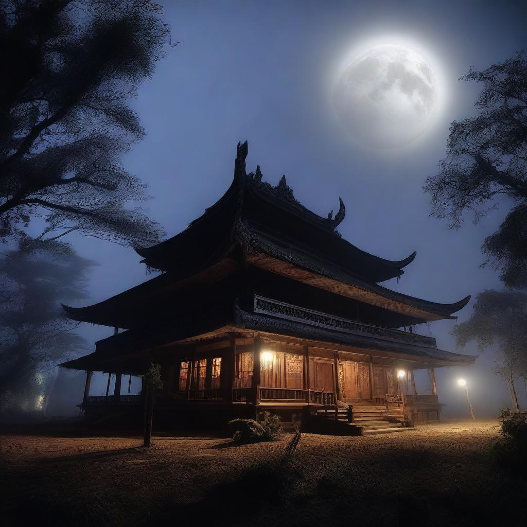 A haunted Acehnese house at night, surrounded by eerie mist and dimly lit by a full moon